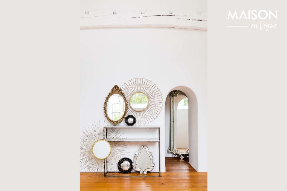 An art deco style console with two marble and metal shelves