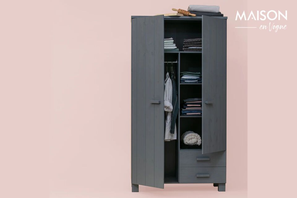 Your clothes are stored in a cabinet that is made of brushed wood