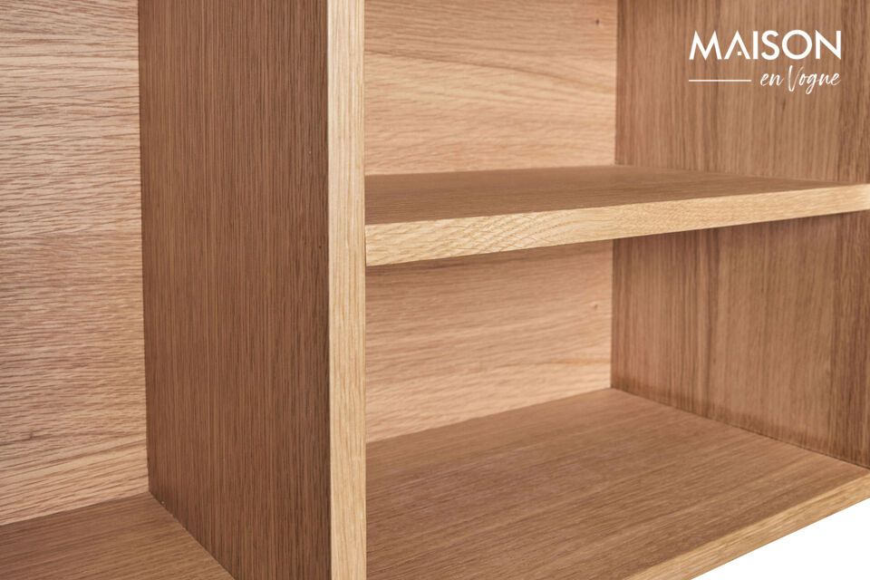 This FSC®-certified wood shelf offers three storage spaces of varying sizes