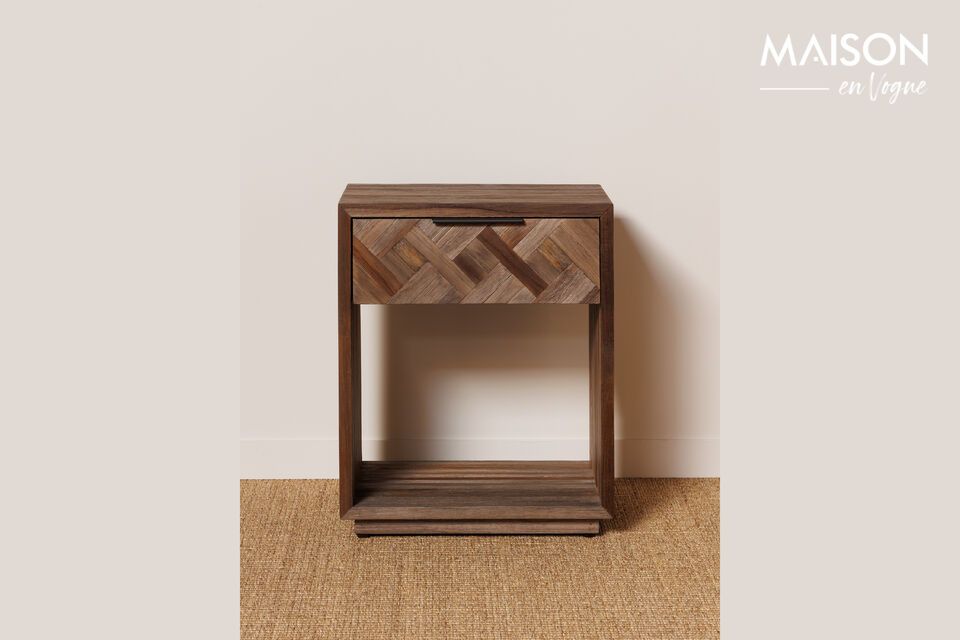 Teak bedside table, combining durability and aesthetics.