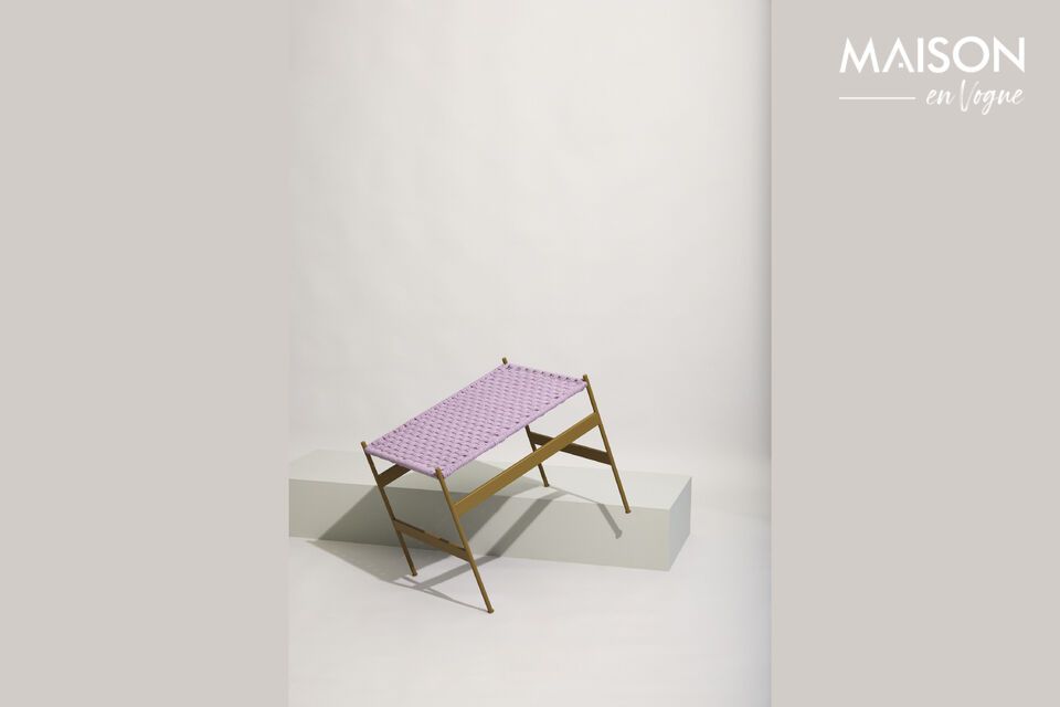 The Peri Ochre Cotton Bench features a purple fabric seat set against a brown powder-coated metal