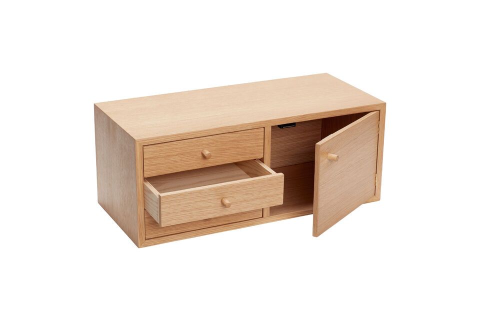 The Piccolo shelf in light oak veneer is perfect for maximizing storage space in small spaces