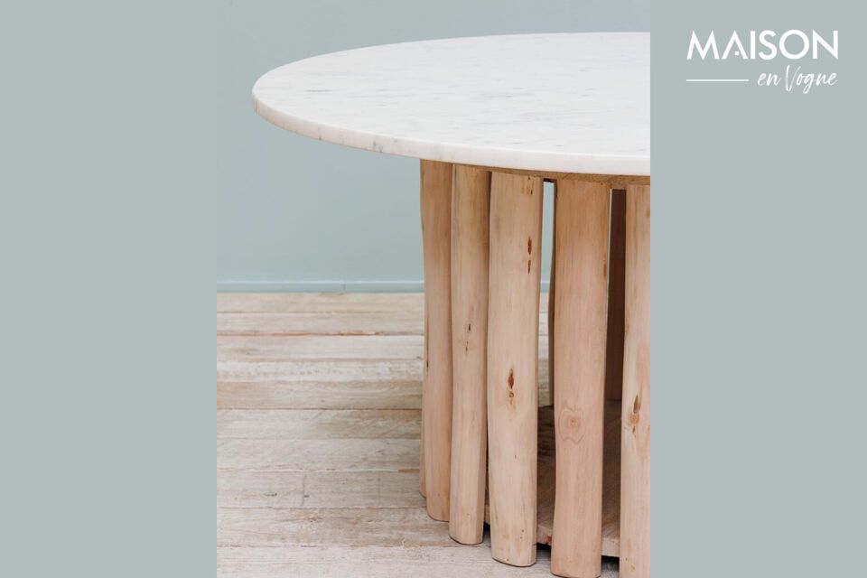 A beige coffee table in eucalyptus, sturdy and elegant.