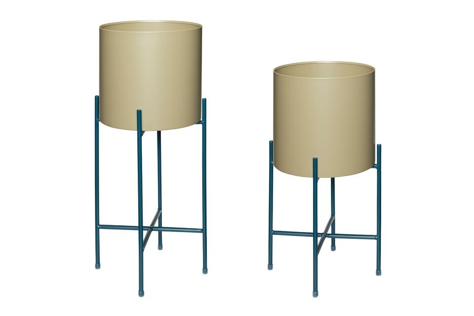 Add a touch of color and elegance to your plants with the set of 2 Airy khaki and petrol blue metal