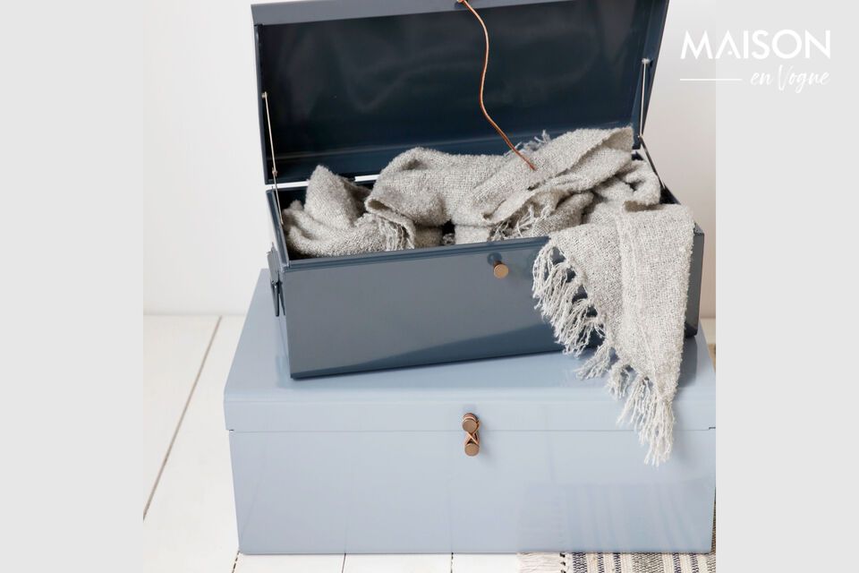 Sturdy blue iron box, ideal for elegant storage.