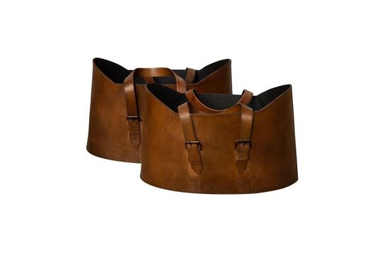 Set of 2 brown leather baskets Leather Clipped