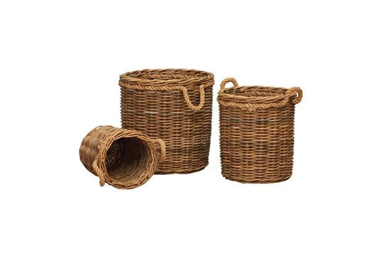 Set of 3 brown Cylindrical rattan baskets Clipped