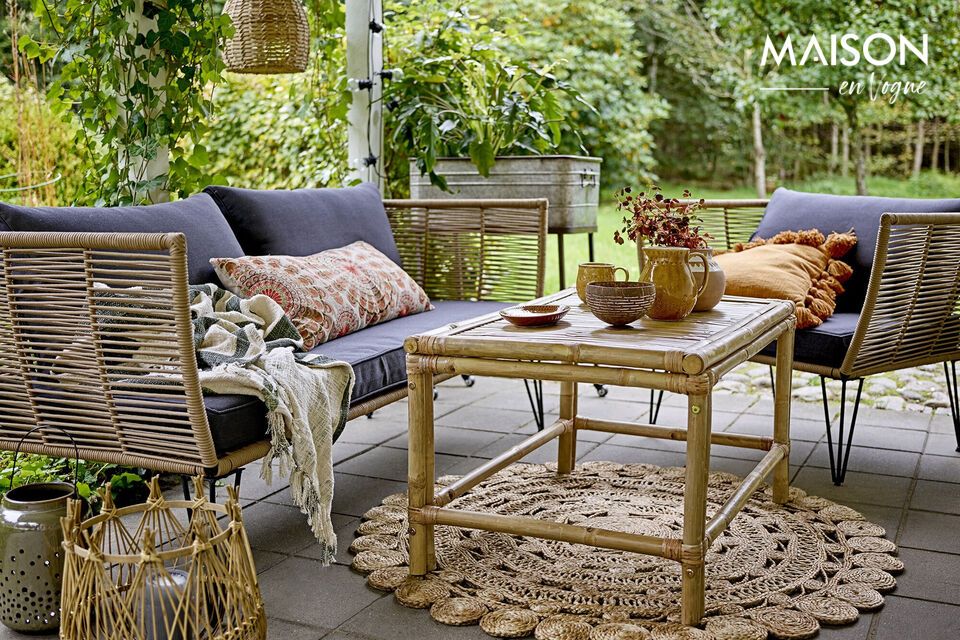 Enhance your outdoor setting with a natural bamboo coffee table.