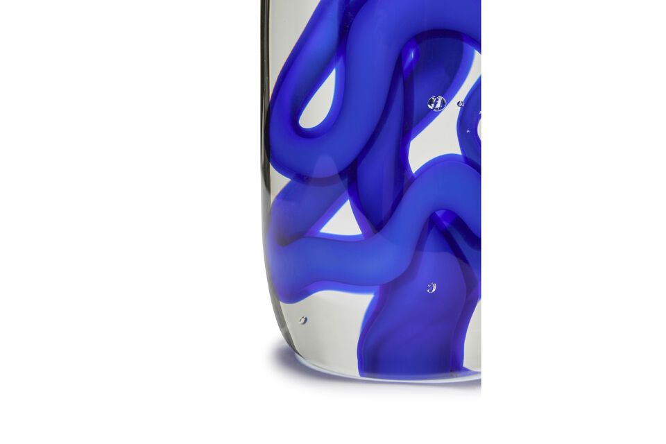 Featuring a captivating blue swirl inside the clear glass