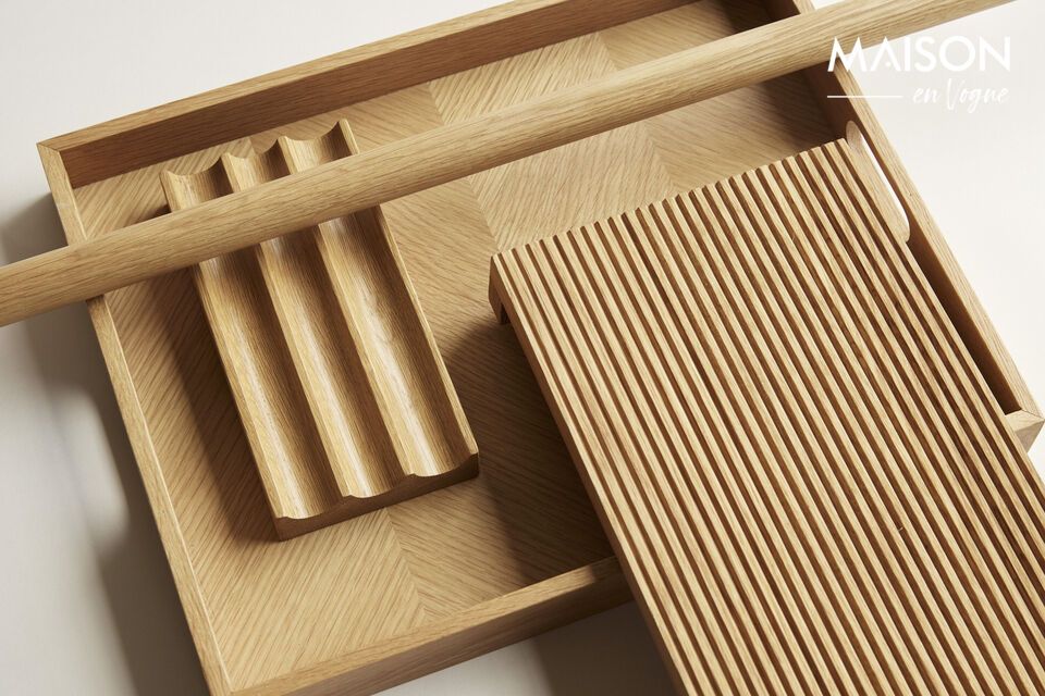 Give your dishes an elegant presentation with the Stream tray in light oak wood