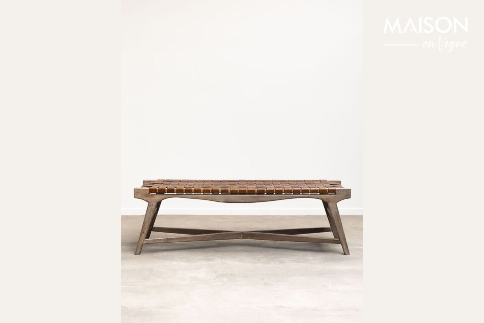 Woven Brown Leather and Wood Bench Hemingway Chehoma